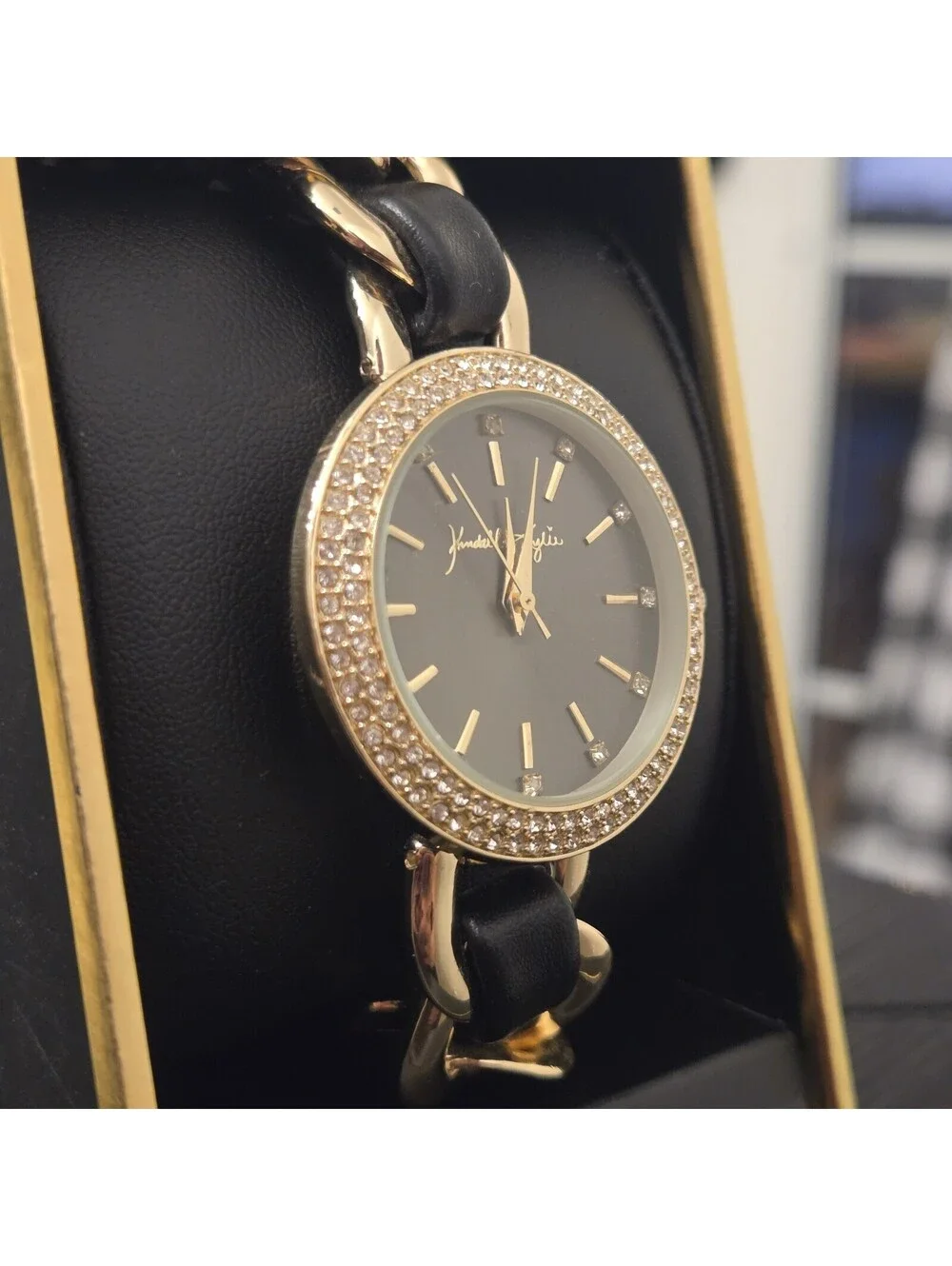 Kendall Kylie Black Gold Tone Rhinestone Watch Womens Chain Band New In Box